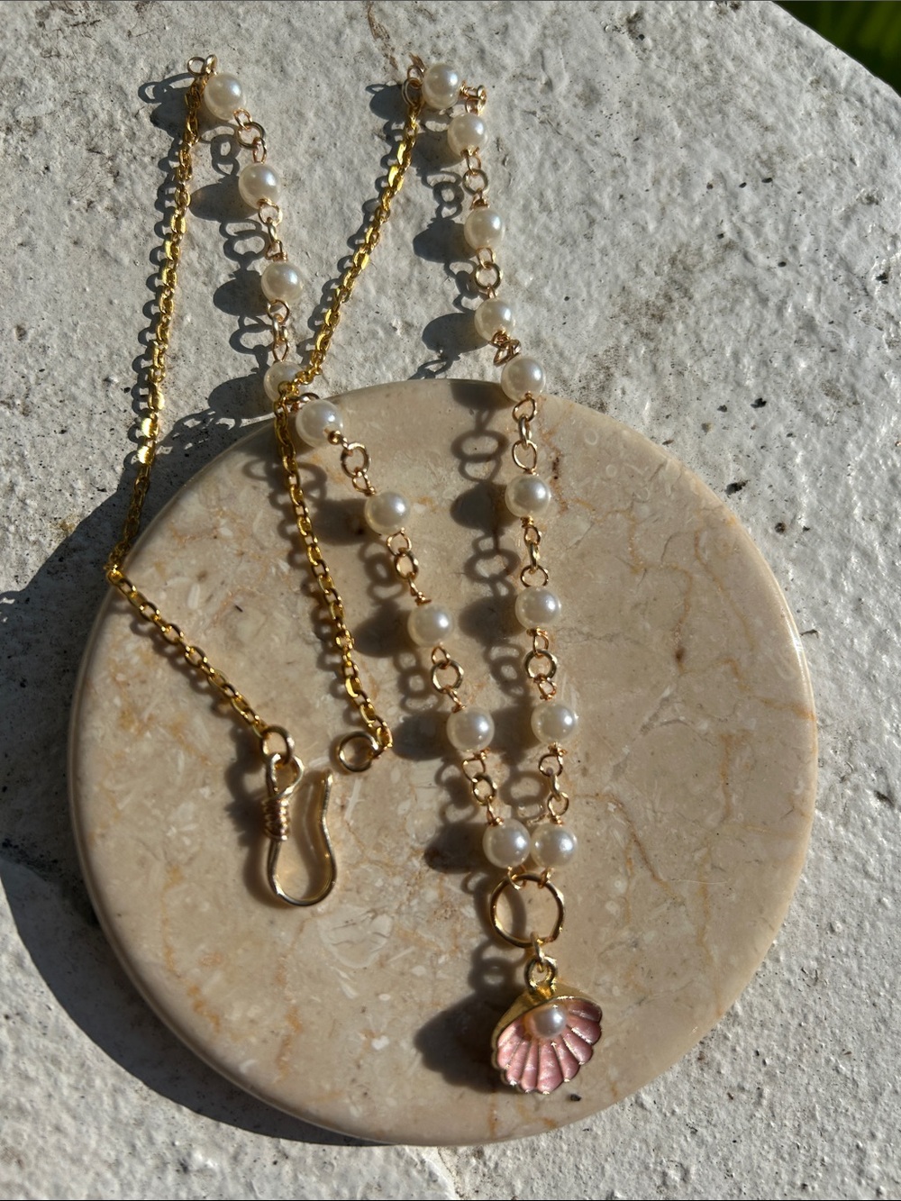 Gold Pearl Chain Necklace with Pink Shell Charm